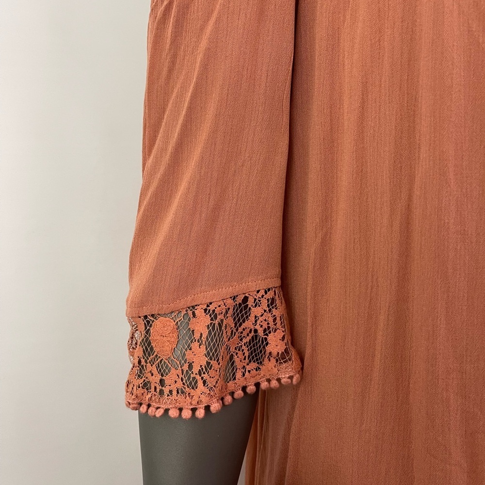 Heartloom Dress Tunic M Terracotta Rust Cold Shoulder Lace Boho Hippie Artsy - Picture 7 of 13